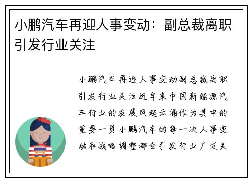 小鹏汽车再迎人事变动：副总裁离职引发行业关注
