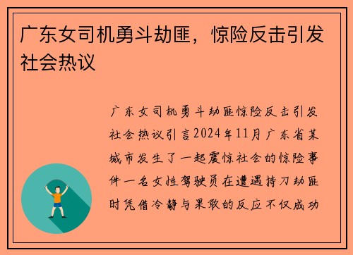 广东女司机勇斗劫匪，惊险反击引发社会热议