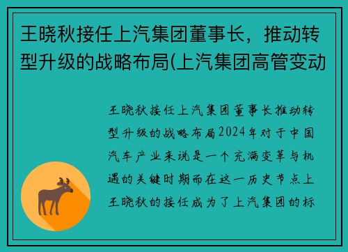 王晓秋接任上汽集团董事长，推动转型升级的战略布局(上汽集团高管变动王晓秋任总裁)