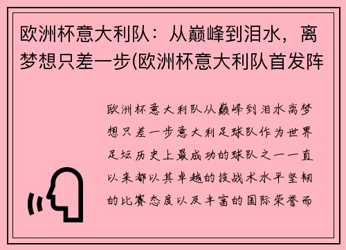 欧洲杯意大利队：从巅峰到泪水，离梦想只差一步(欧洲杯意大利队首发阵容)